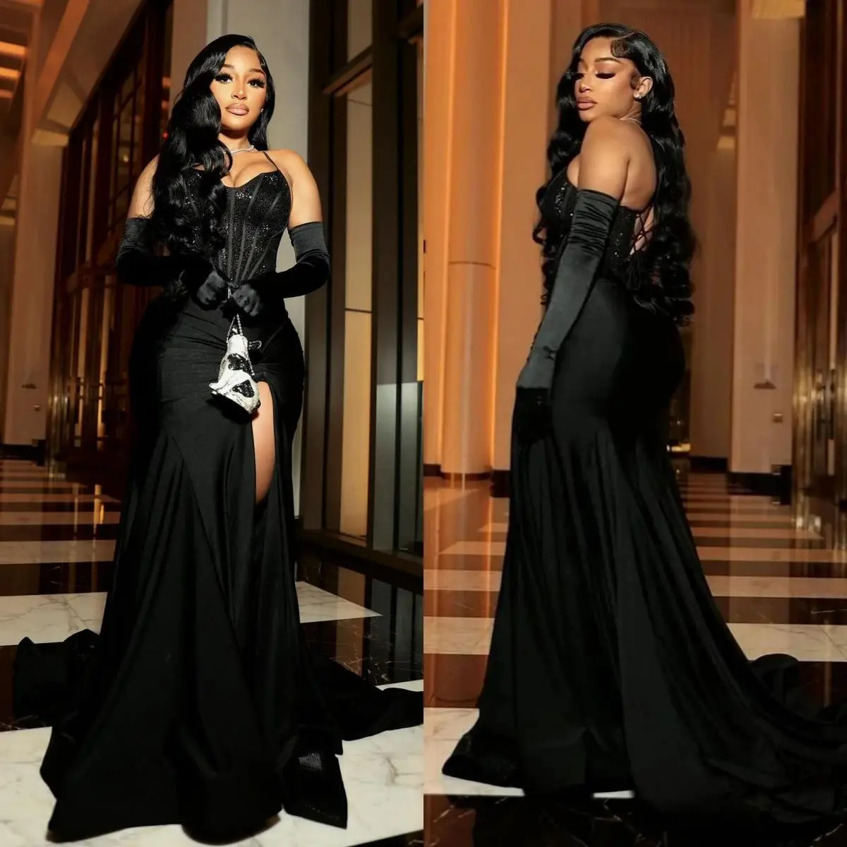Robe de soirée longue Y8415 – Bretelles fines, col V, ornements de perles & ruché