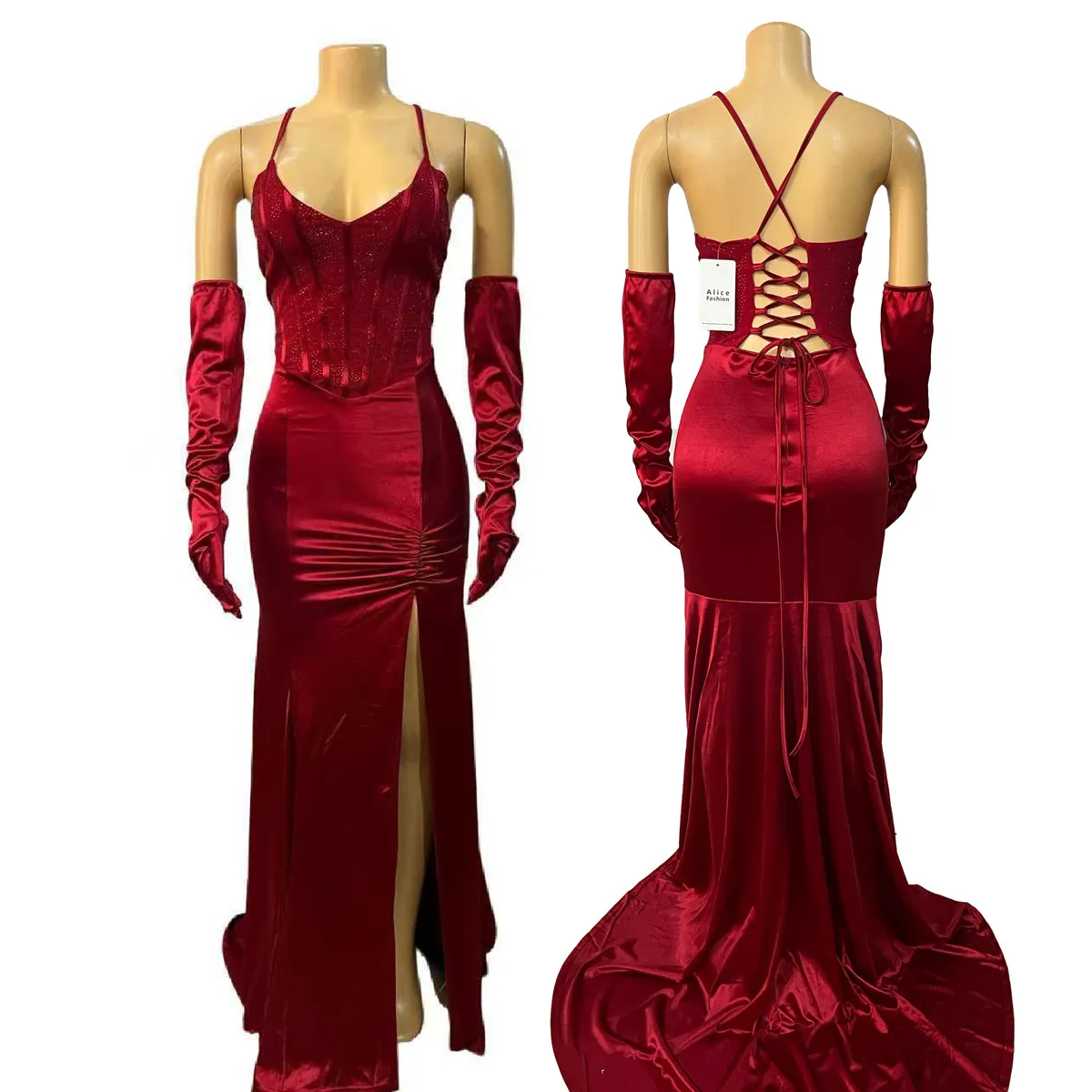 Robe de soirée longue Y8415 – Bretelles fines, col V, ornements de perles & ruché