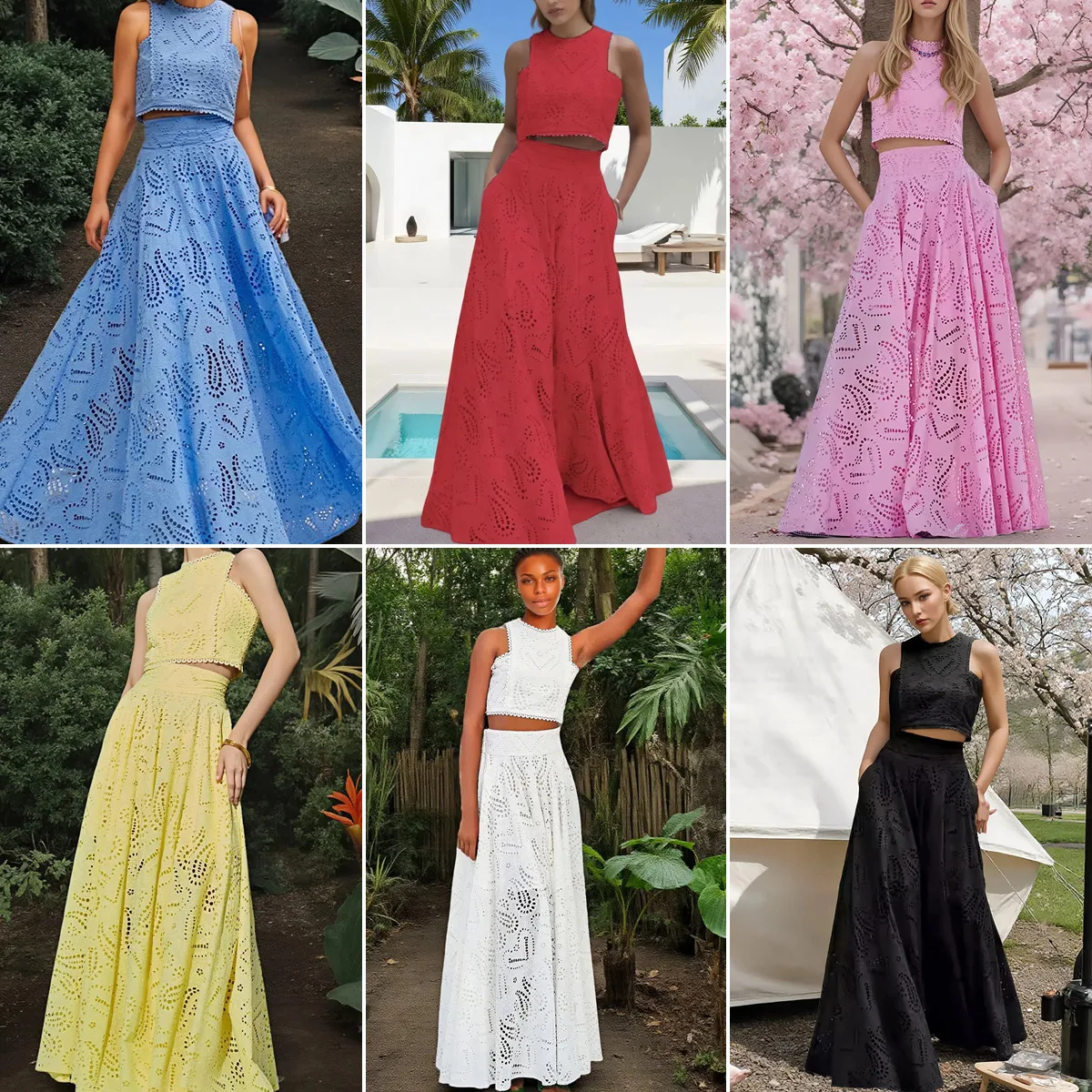 Ensemble 2 pièces femme Y9631 – Haut dentelle brodée sans manches & jupe longue maxi