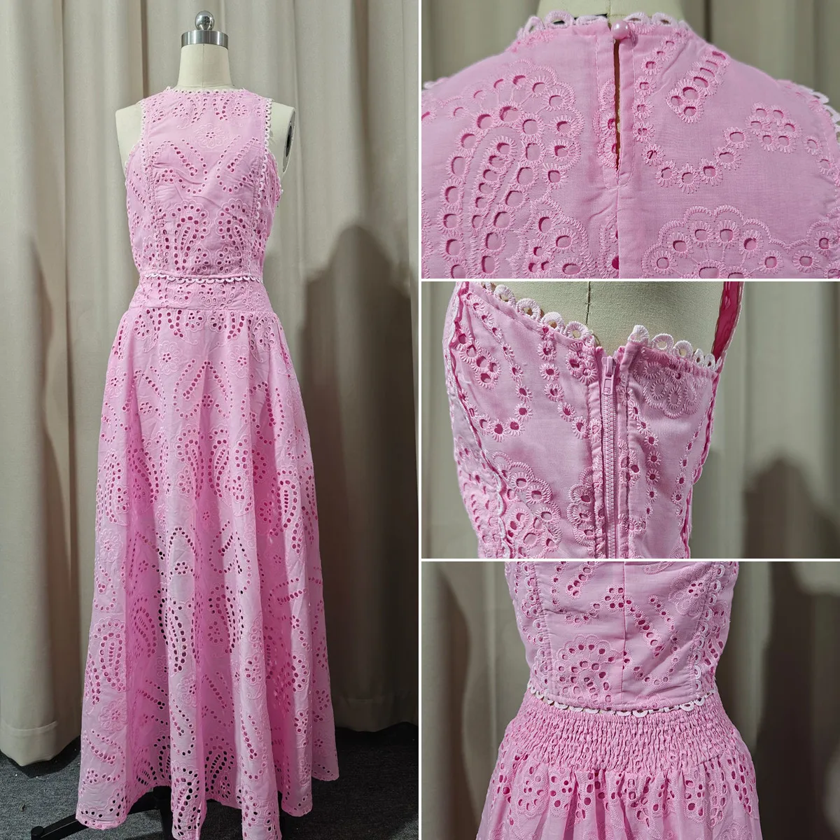 Ensemble 2 pièces femme Y9631 – Haut dentelle brodée sans manches & jupe longue maxi