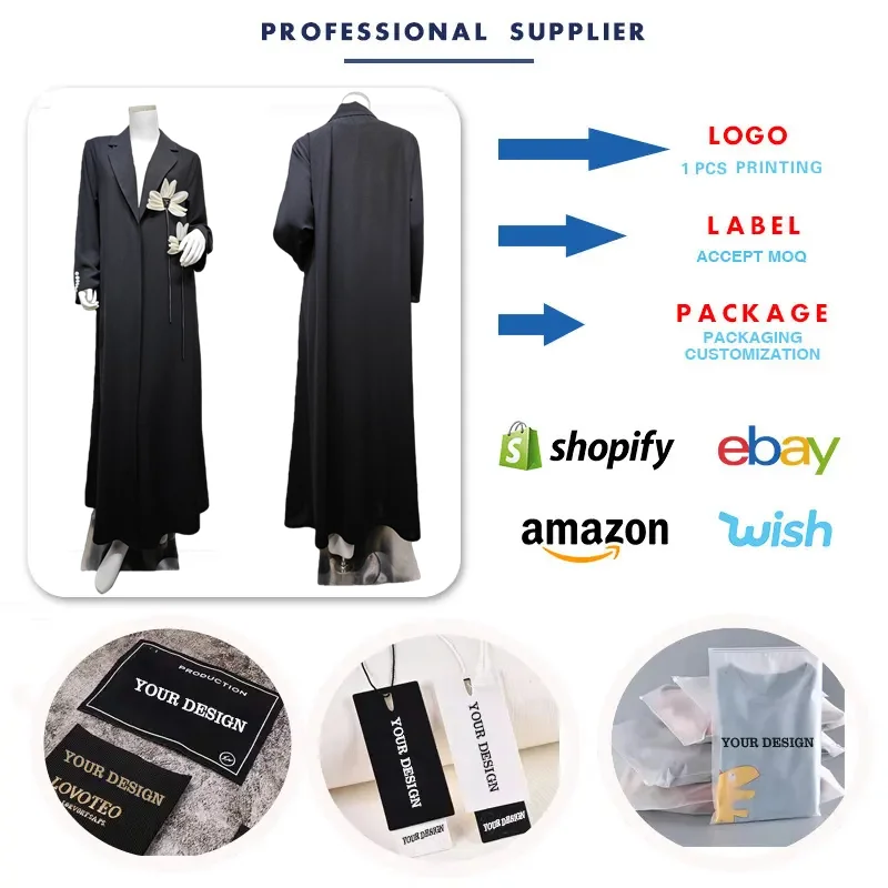 Abaya Ouverte Femme MQ272 – Robe Islamique Florale 3D Noire | Style Dubaï