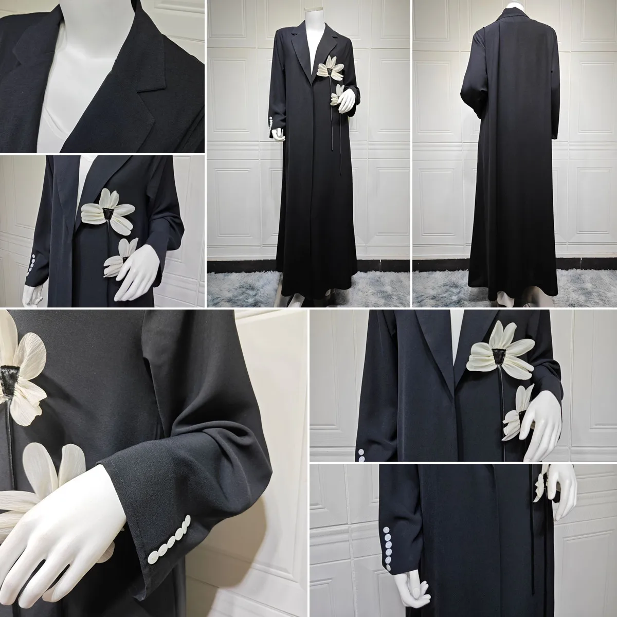 Abaya Ouverte Femme MQ272 – Robe Islamique Florale 3D Noire | Style Dubaï