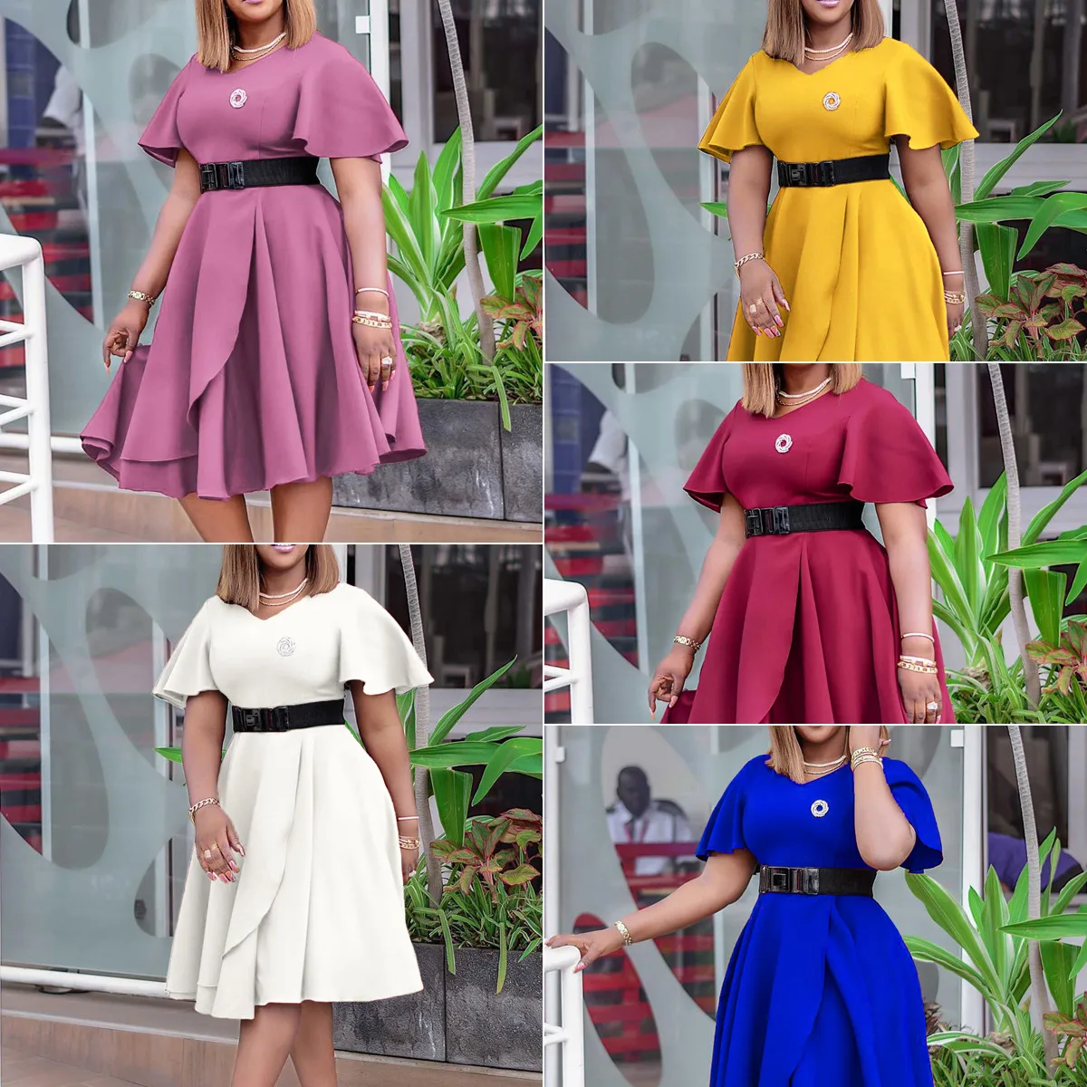 Robe de Bureau Élégante Femme | Coupe Trapèze, Manches Évasées + Ceinture | Style Africain Tendance
