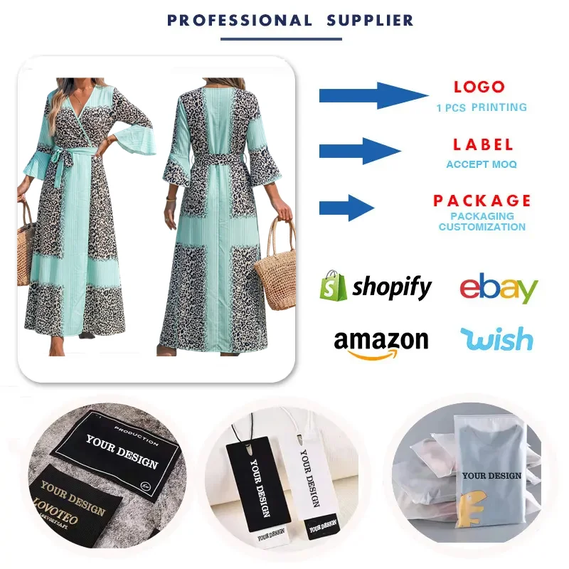 Robe Maxi Femme Imprimé Léopard Col V Manches Évasées – Élégante & Décontractée