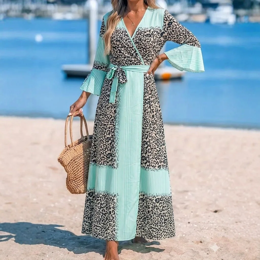 Robe Maxi Femme Imprimé Léopard Col V Manches Évasées – Élégante & Décontractée