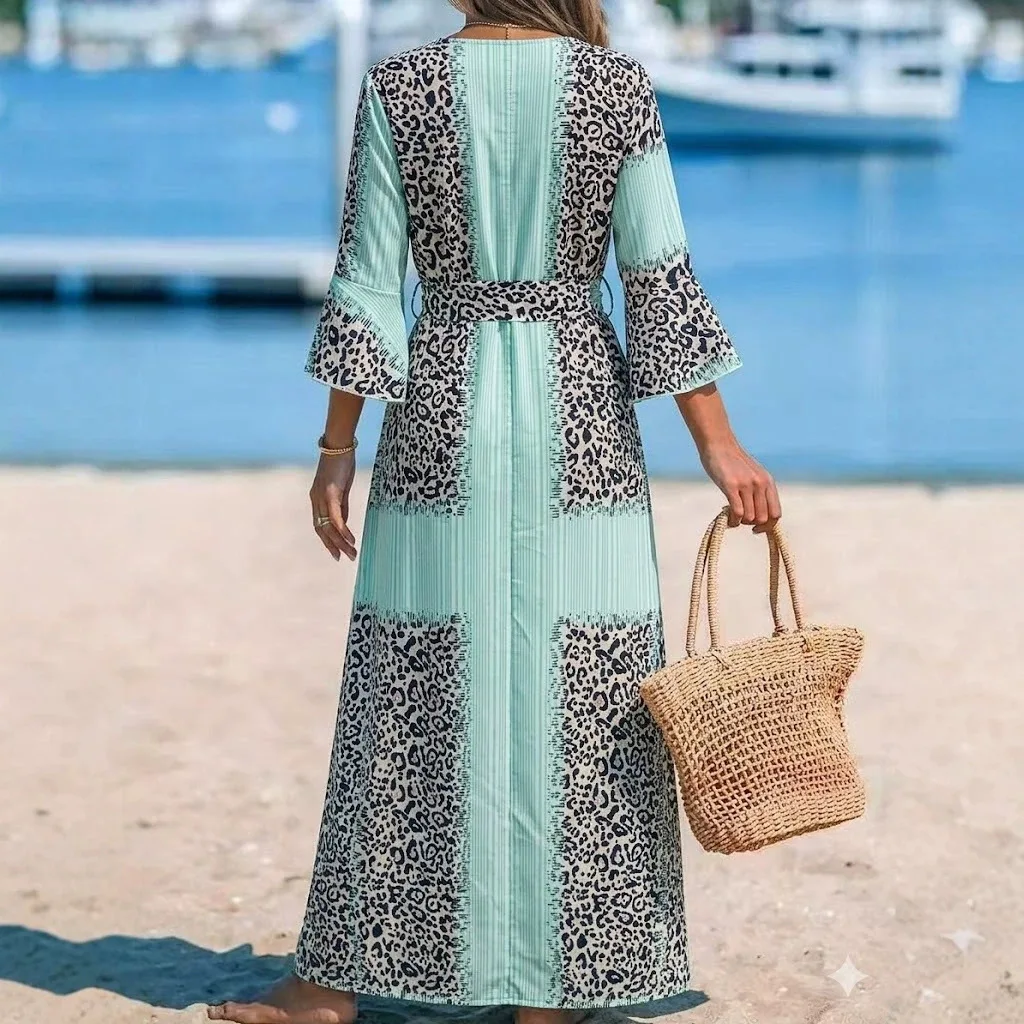 Robe Maxi Femme Imprimé Léopard Col V Manches Évasées – Élégante & Décontractée