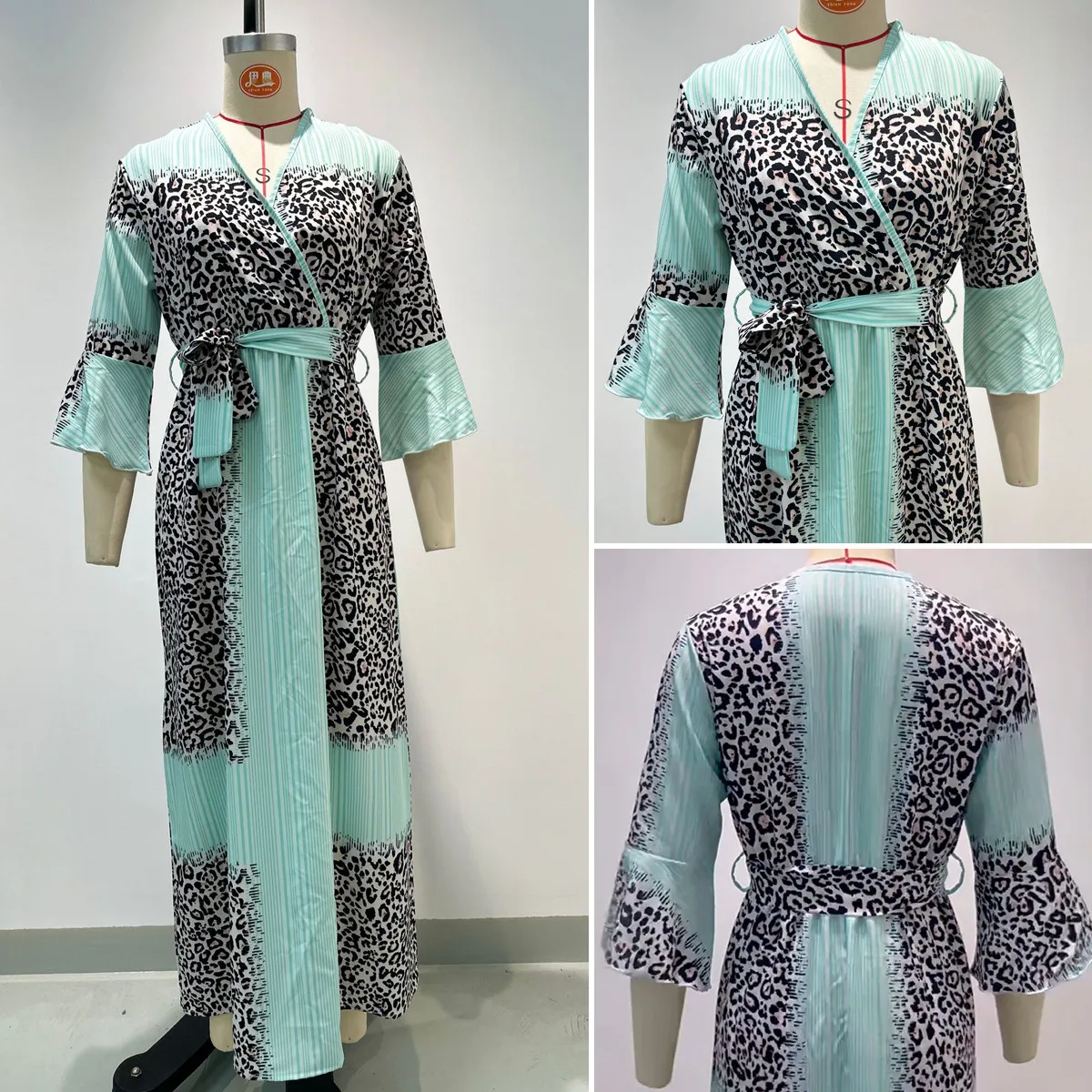 Robe Maxi Femme Imprimé Léopard Col V Manches Évasées – Élégante & Décontractée