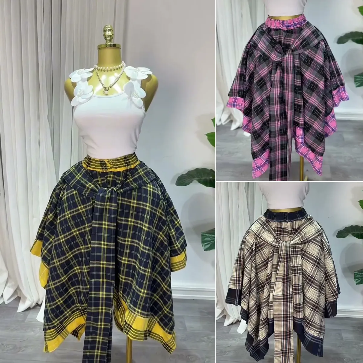 Jupe longue maxi tendance été | Taille haute, imprimé écossais, coupe A irrégulière