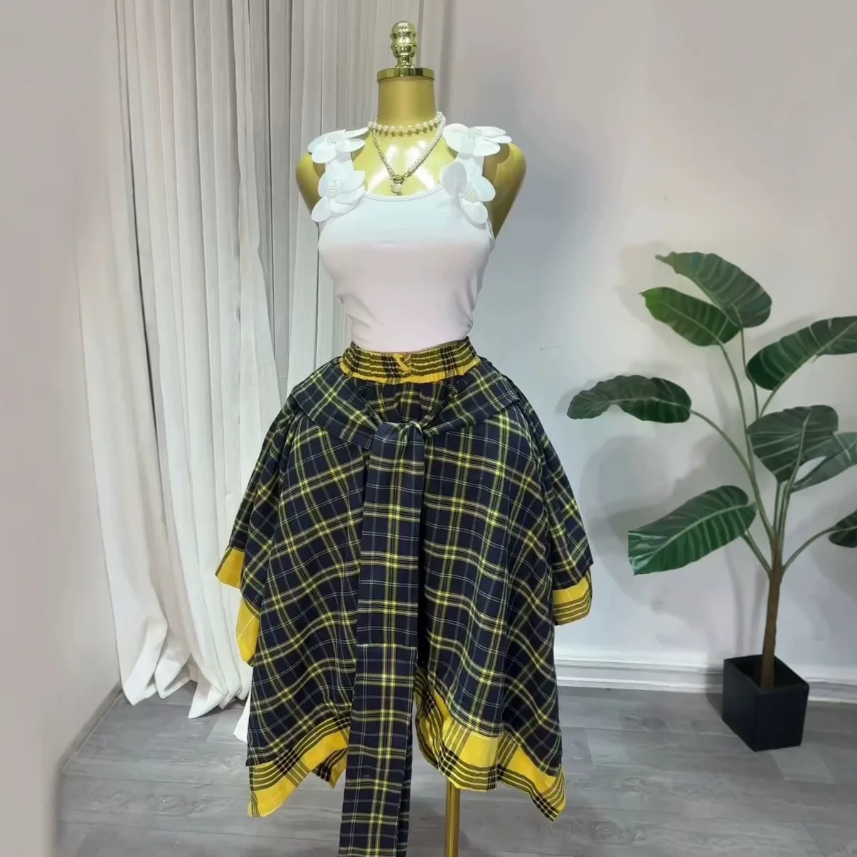 Jupe longue maxi tendance été | Taille haute, imprimé écossais, coupe A irrégulière