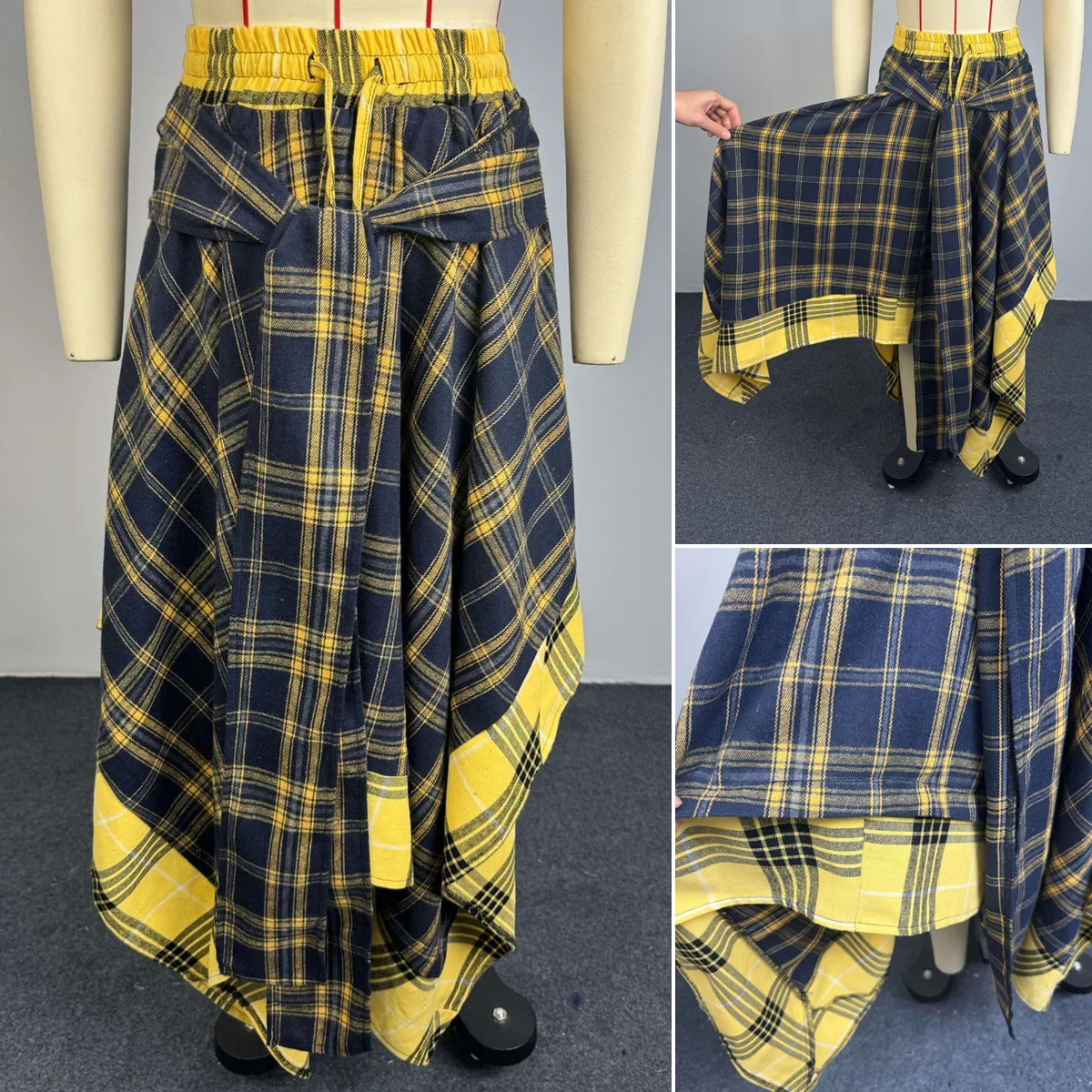 Jupe longue maxi tendance été | Taille haute, imprimé écossais, coupe A irrégulière