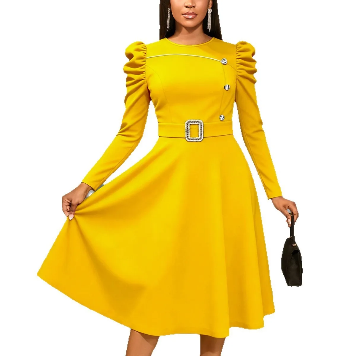 Robe Midi Manches Bouffantes Femme | Coupe A-Line Taille Haute | Élégante & Décontractée