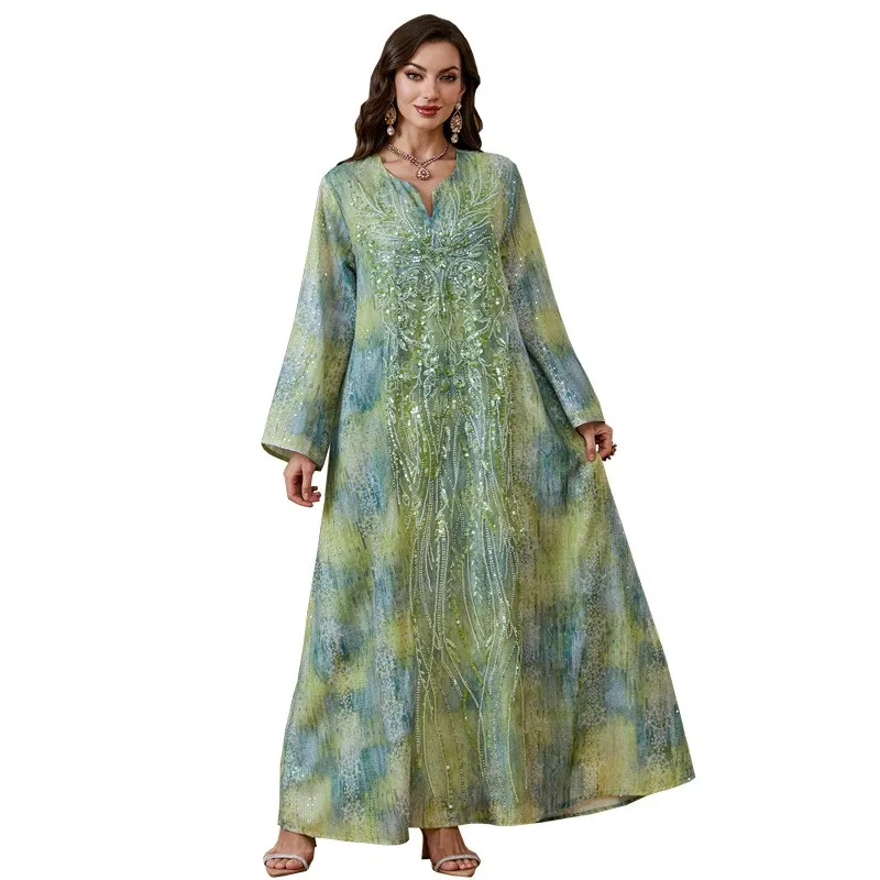 Robe Abaya Brodée Sequins & Perles AB560 – Kaftan Dubai Élégant pour Femme