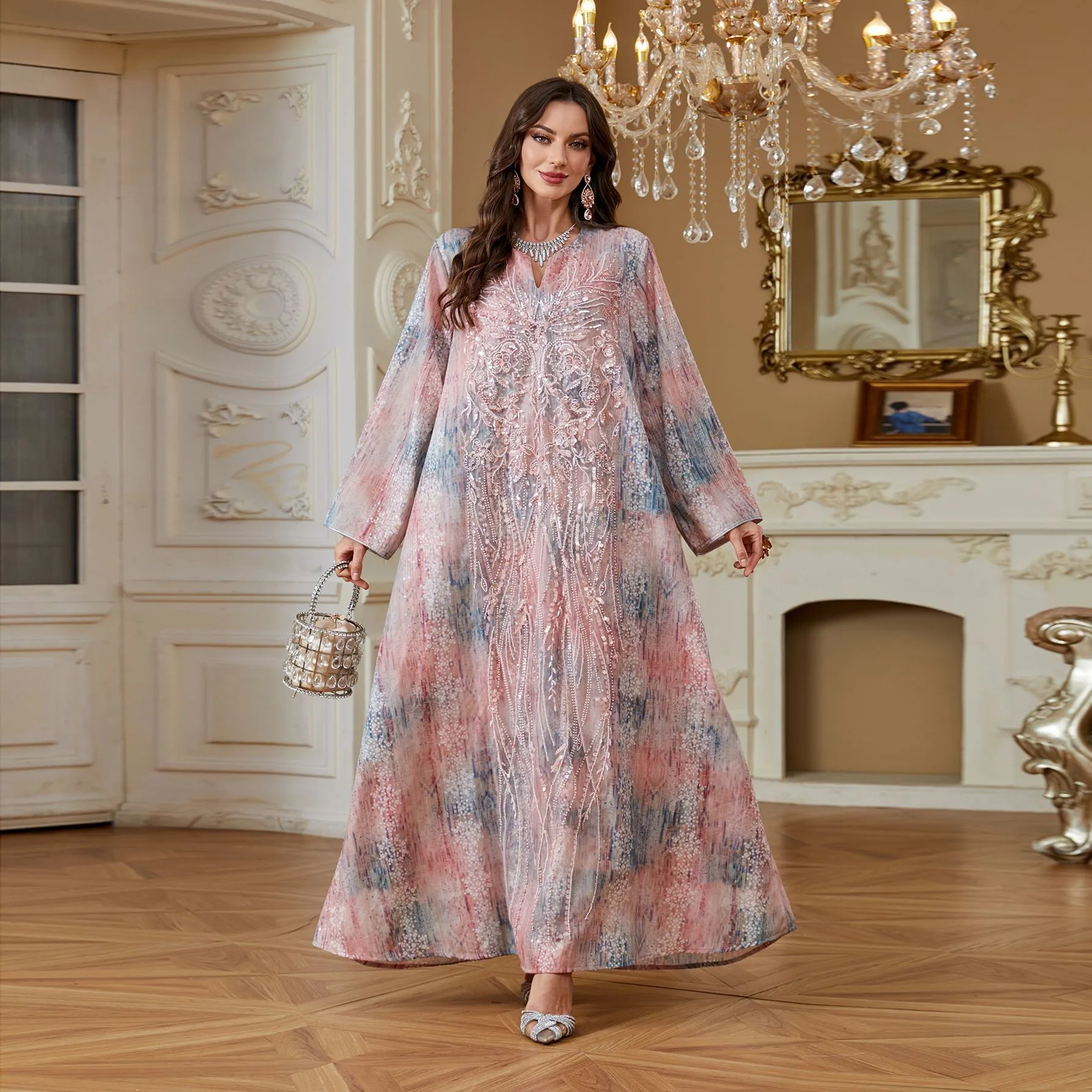 Robe Abaya Brodée Sequins & Perles AB560 – Kaftan Dubai Élégant pour Femme