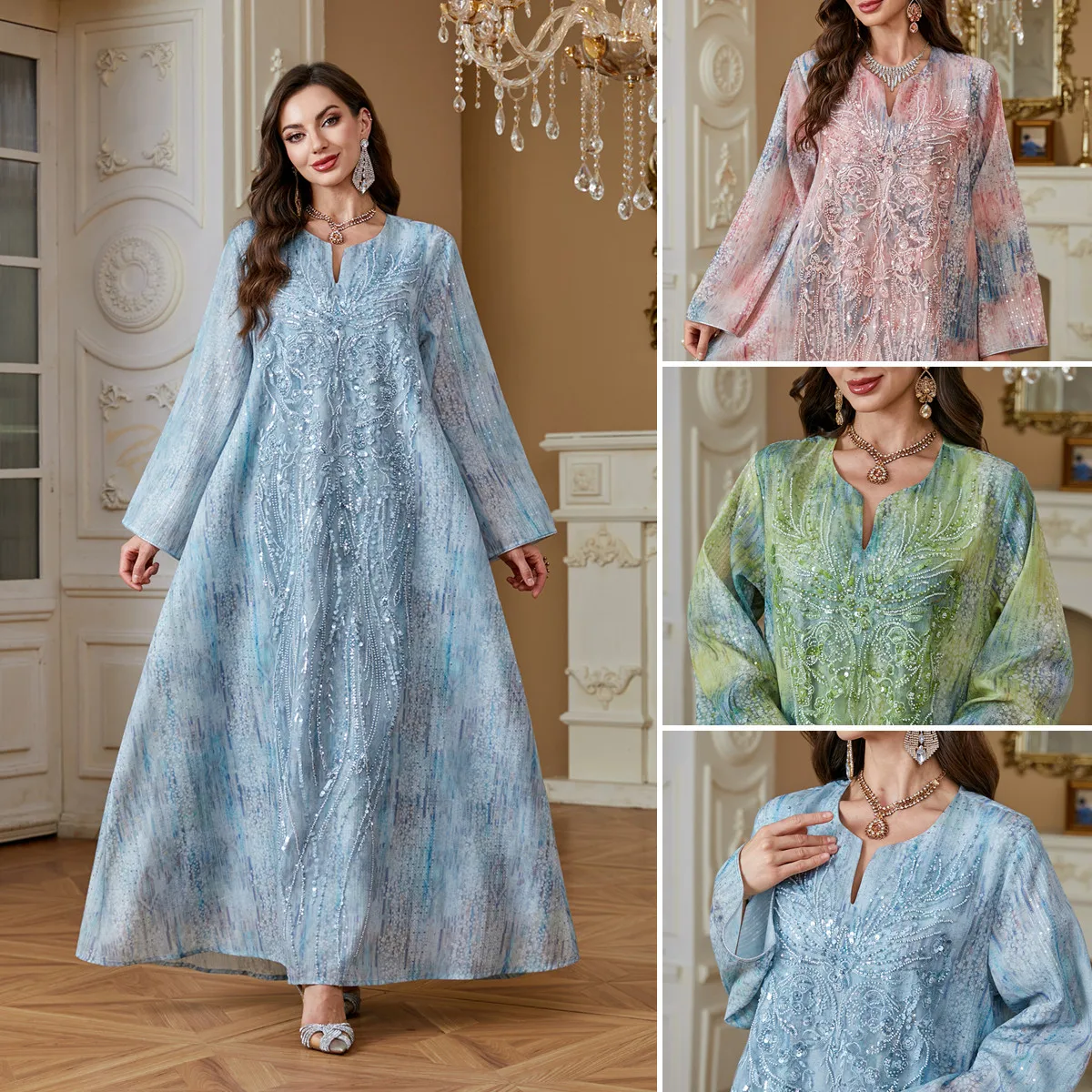 Robe Abaya Brodée Sequins & Perles AB560 – Kaftan Dubai Élégant pour Femme