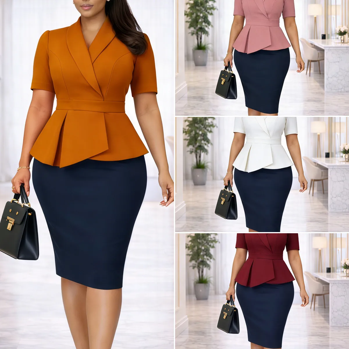 Robe d'été élégante col V color block à volants – Style bureau chic pour femme