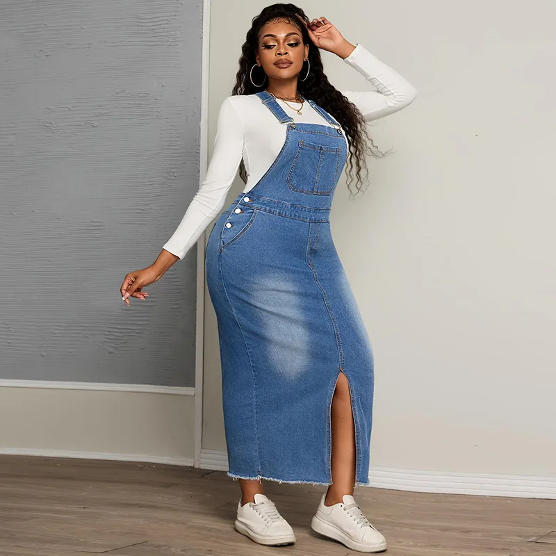 Robe en jean grande taille à bretelles – Style slim maxi décontracté pour femme