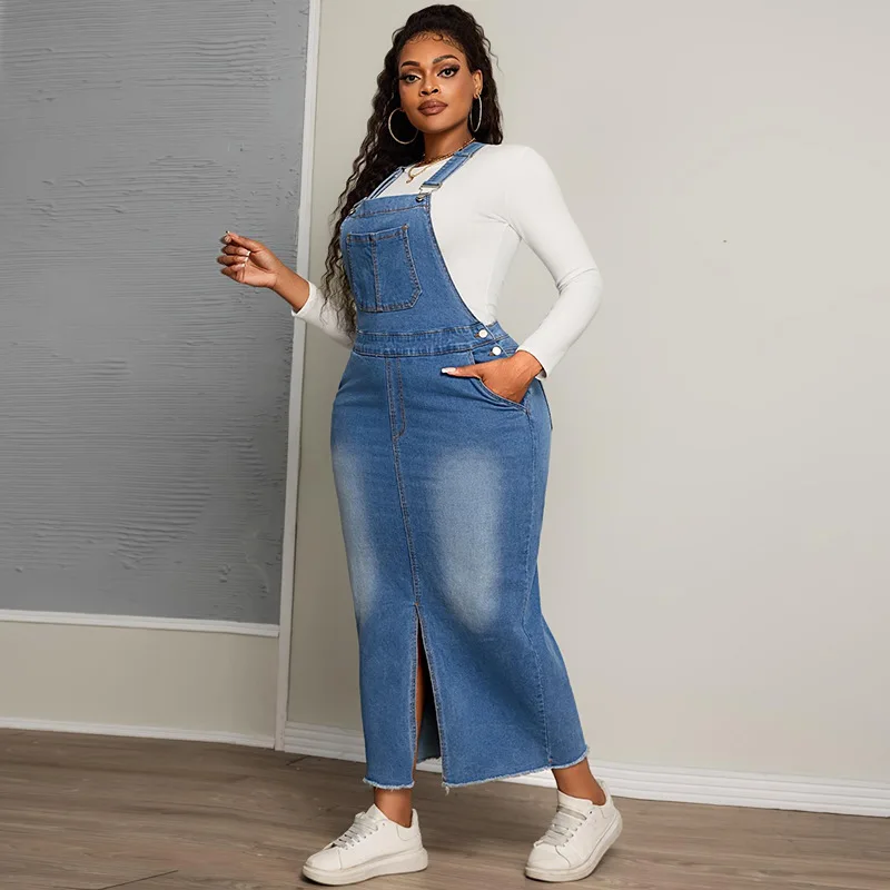 Robe en jean grande taille à bretelles – Style slim maxi décontracté pour femme