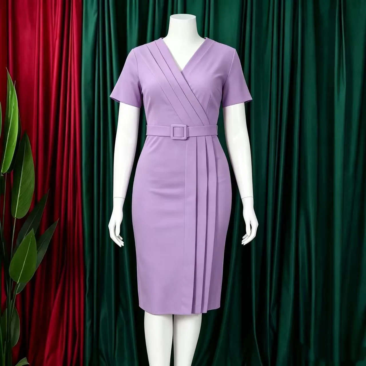 Robe de bureau élégante col en V, manches courtes, tissu extensible plissé avec ceinture – D3372