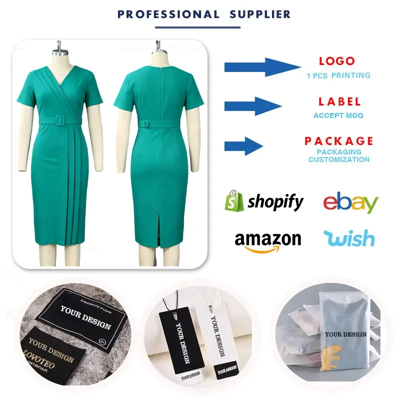 Robe de bureau élégante col en V, manches courtes, tissu extensible plissé avec ceinture – D3372