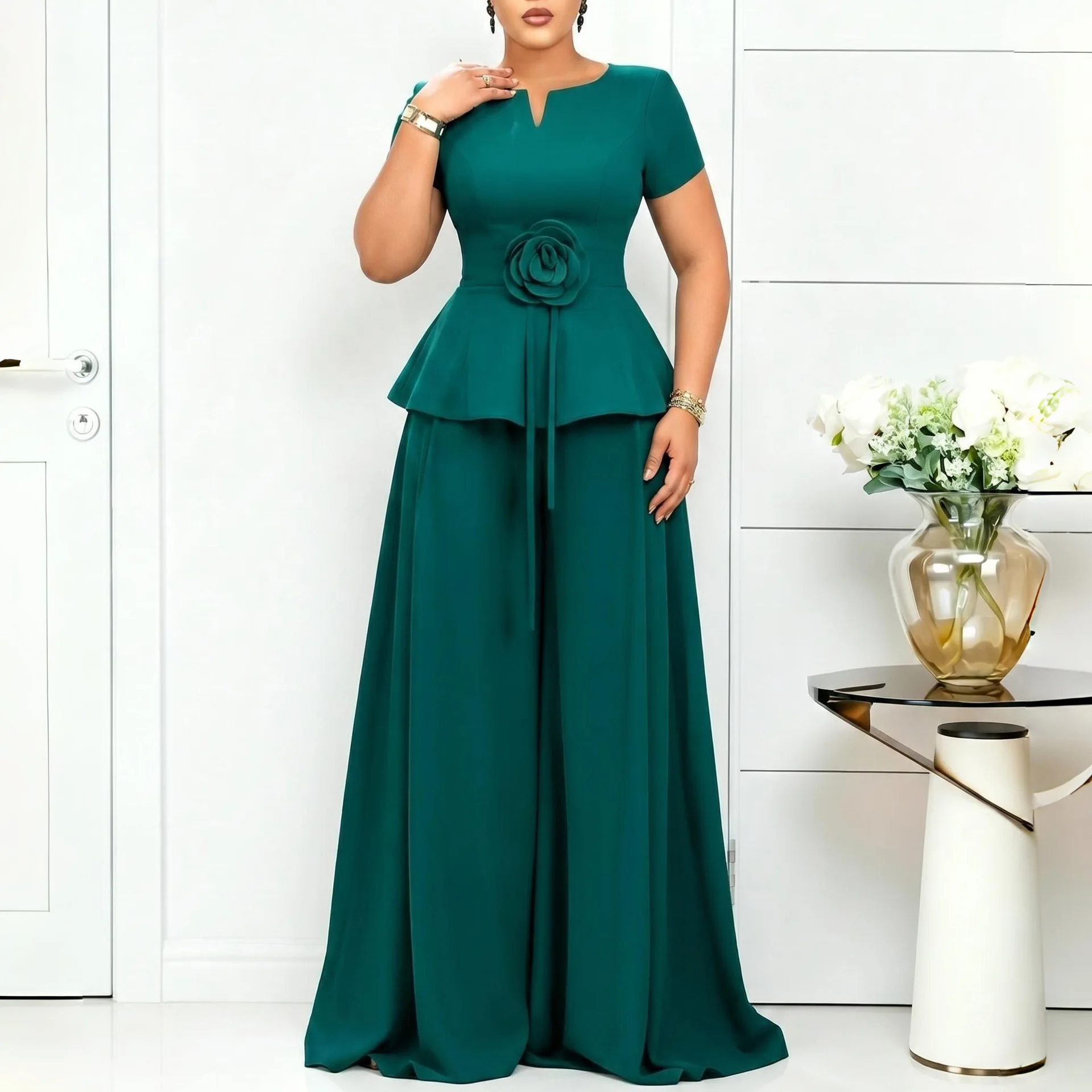 Ensemble 2 pièces femme – Haut volants col rond & pantalon large | Bureau & Été