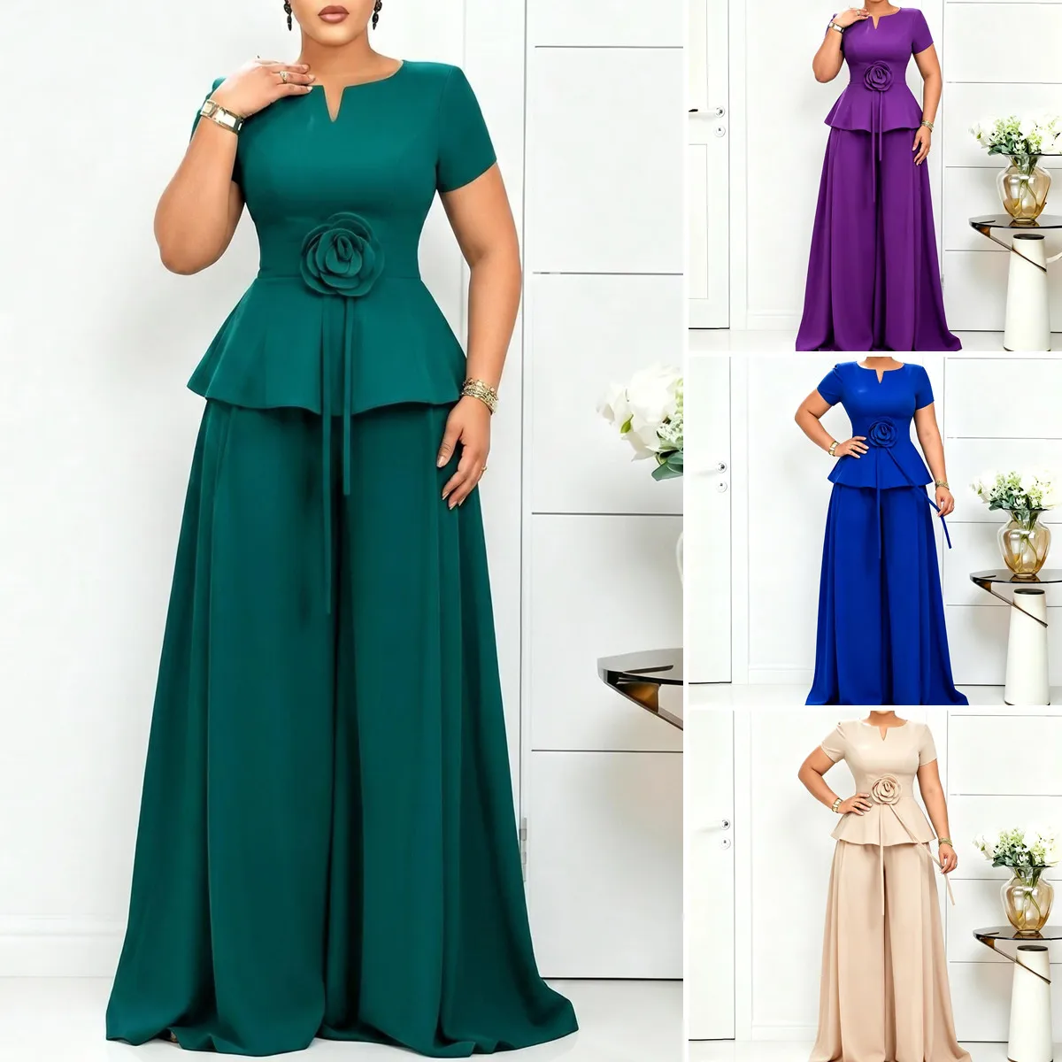 Ensemble 2 pièces femme – Haut volants col rond & pantalon large | Bureau & Été