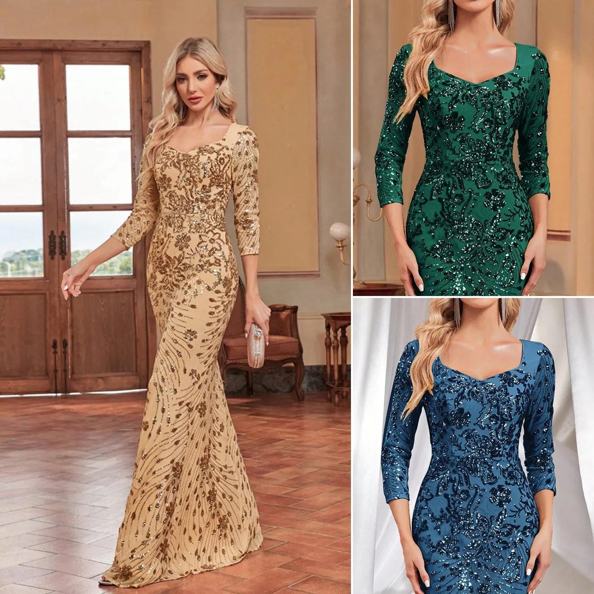 Robe de soirée sirène LY2336 à paillettes – Col en V, manches 3/4, longueur sol