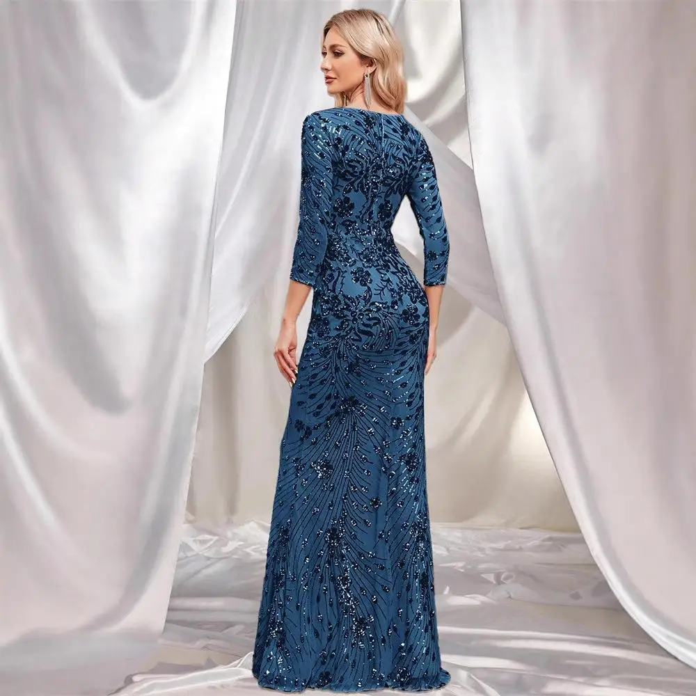 Robe de soirée sirène LY2336 à paillettes – Col en V, manches 3/4, longueur sol