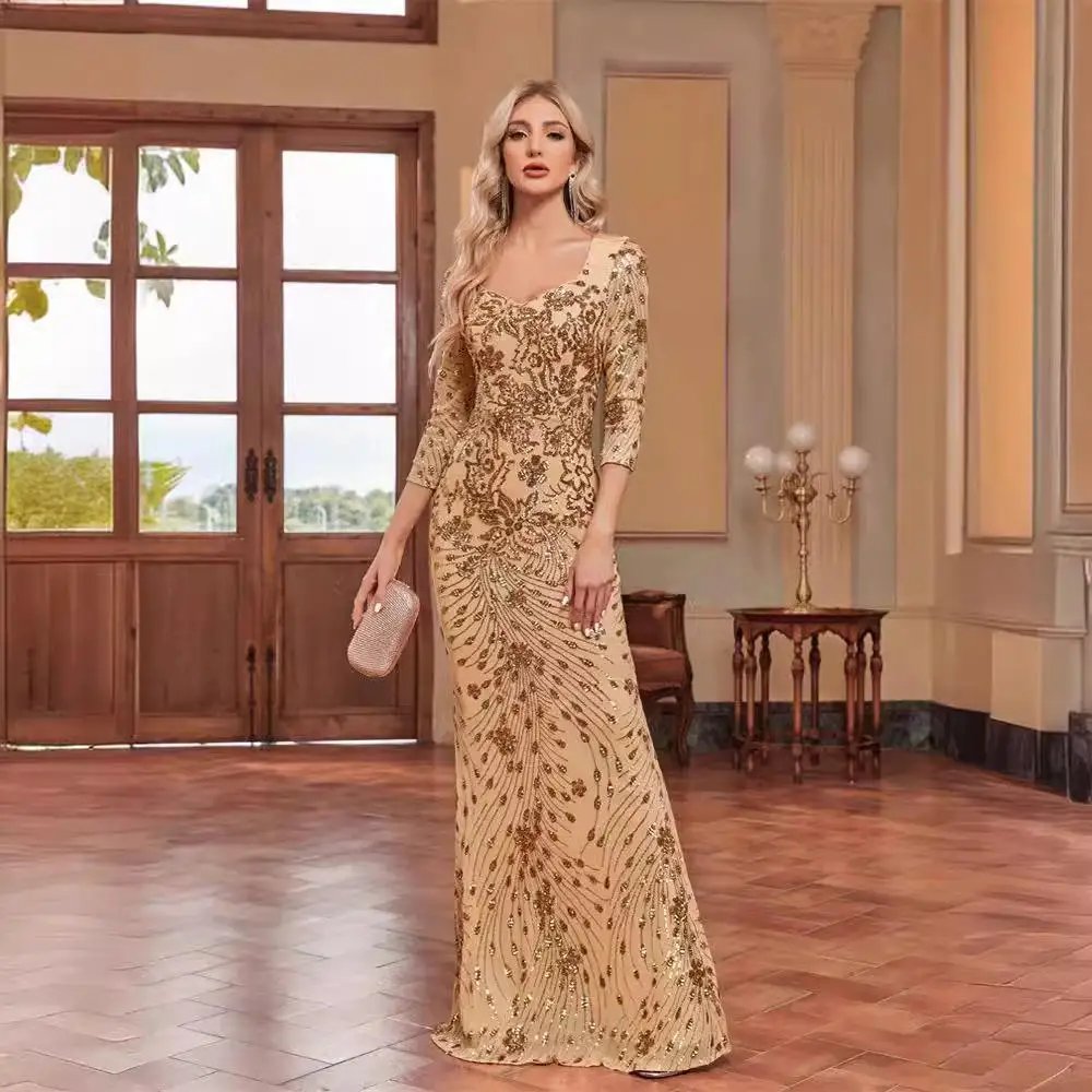 Robe de soirée sirène LY2336 à paillettes – Col en V, manches 3/4, longueur sol
