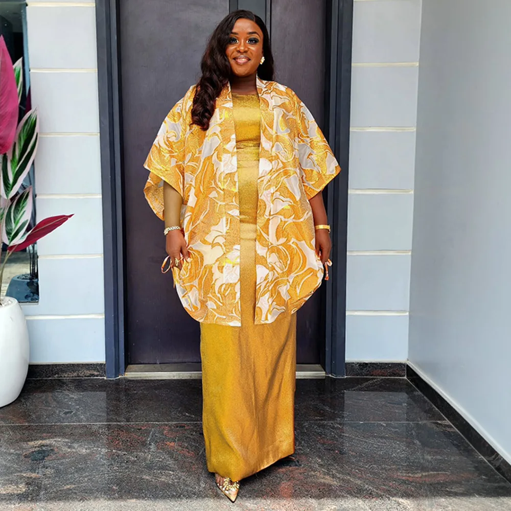 Ensemble 2 pièces Dashiki femme – Cardigan satin fleuri + robe intérieure | Toutes tailles