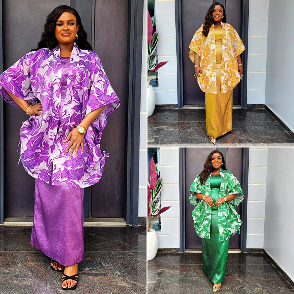 Ensemble 2 pièces Dashiki femme – Cardigan satin fleuri + robe intérieure | Toutes tailles