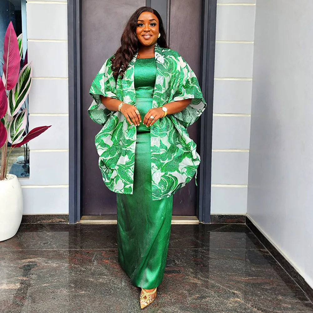Ensemble 2 pièces Dashiki femme – Cardigan satin fleuri + robe intérieure | Toutes tailles