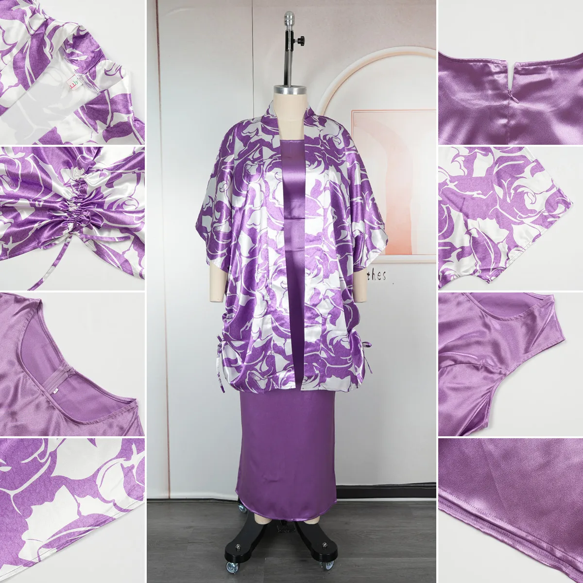 Ensemble 2 pièces Dashiki femme – Cardigan satin fleuri + robe intérieure | Toutes tailles