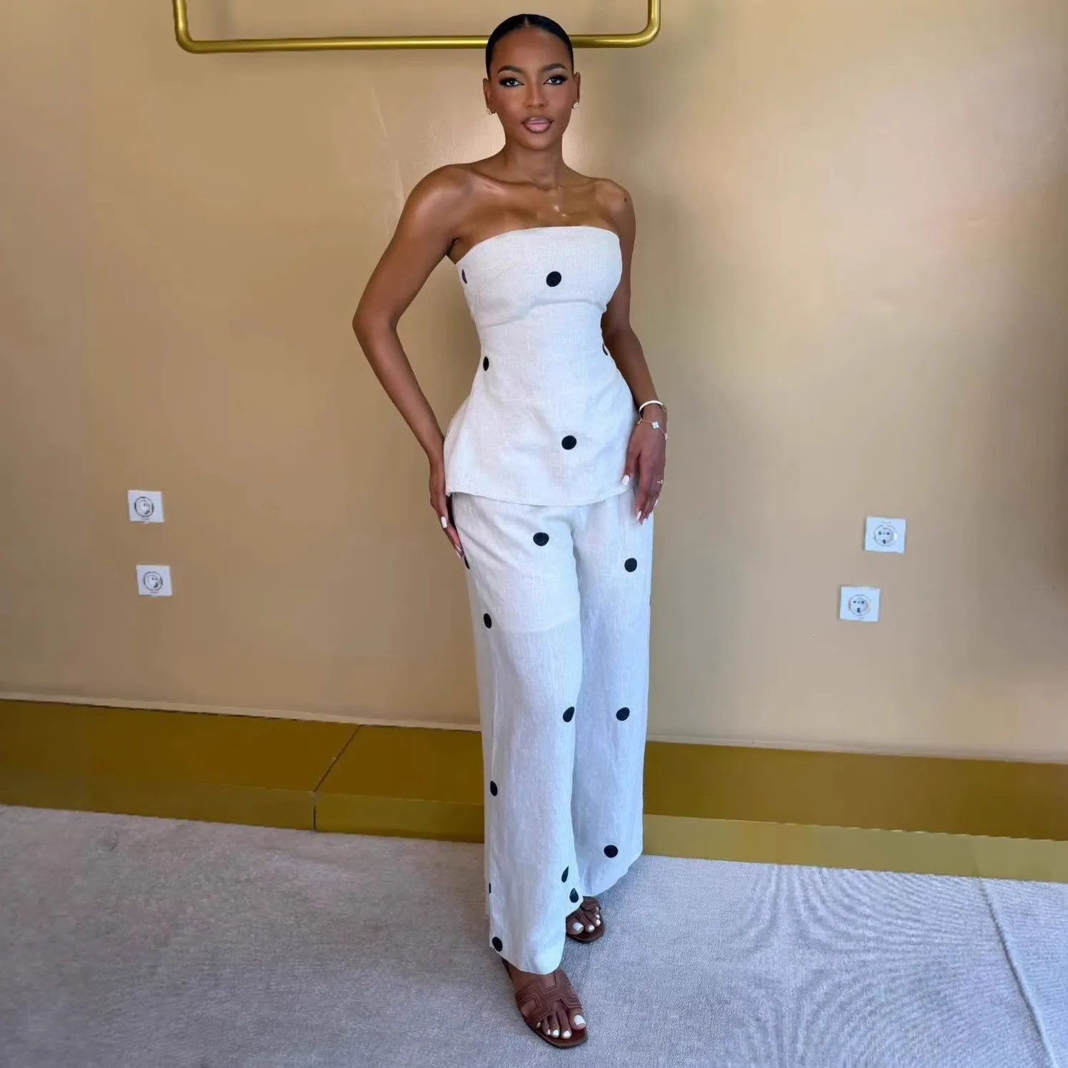 Ensemble 2 pièces femme : top sans bretelles à pois + pantalon taille haute – Style décontracté tendance