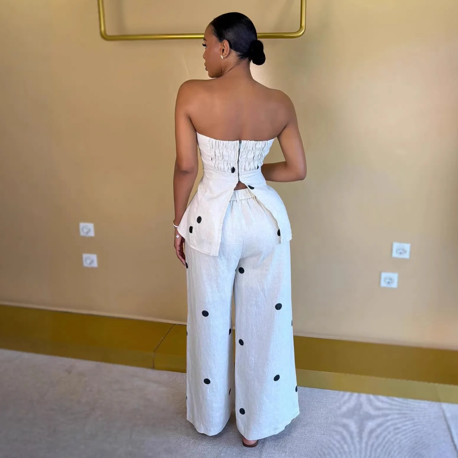 Ensemble 2 pièces femme : top sans bretelles à pois + pantalon taille haute – Style décontracté tendance