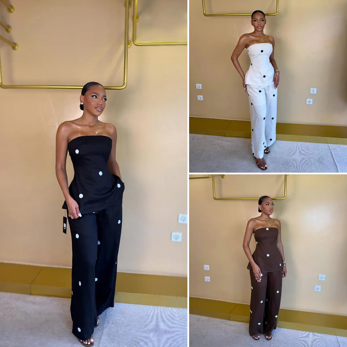 Ensemble 2 pièces femme : top sans bretelles à pois + pantalon taille haute – Style décontracté tendance