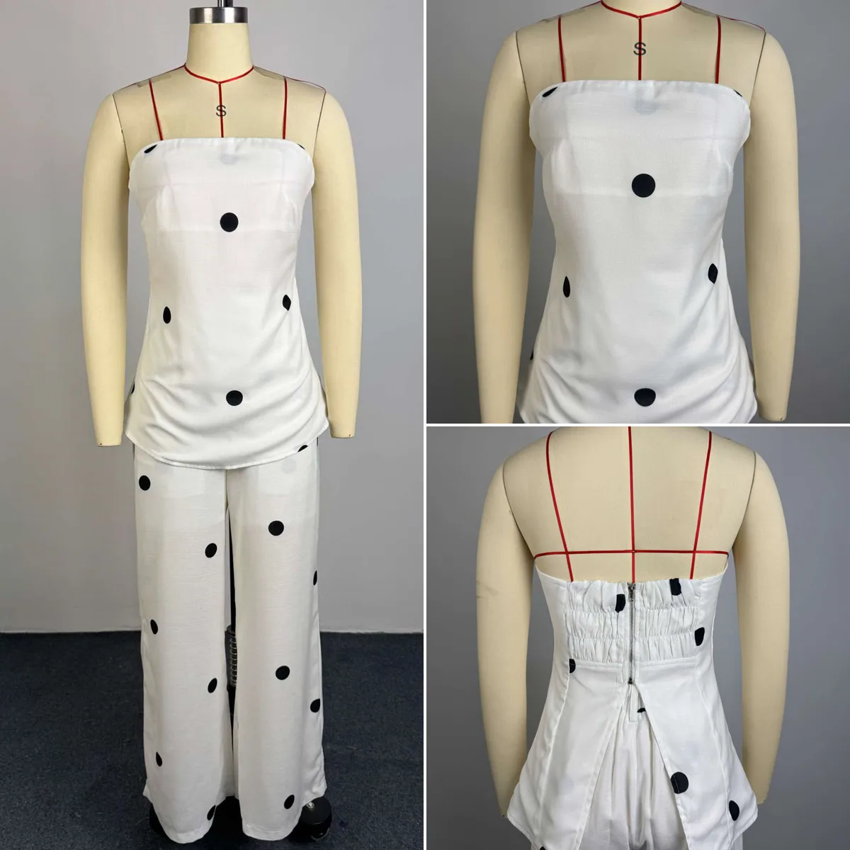 Ensemble 2 pièces femme : top sans bretelles à pois + pantalon taille haute – Style décontracté tendance