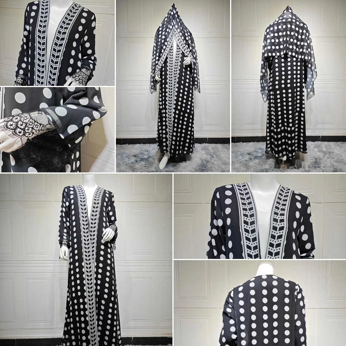 Abaya ouverte à pois MQ273 + Hijab – Robe musulmane en mousseline dentelle, style Dubaï