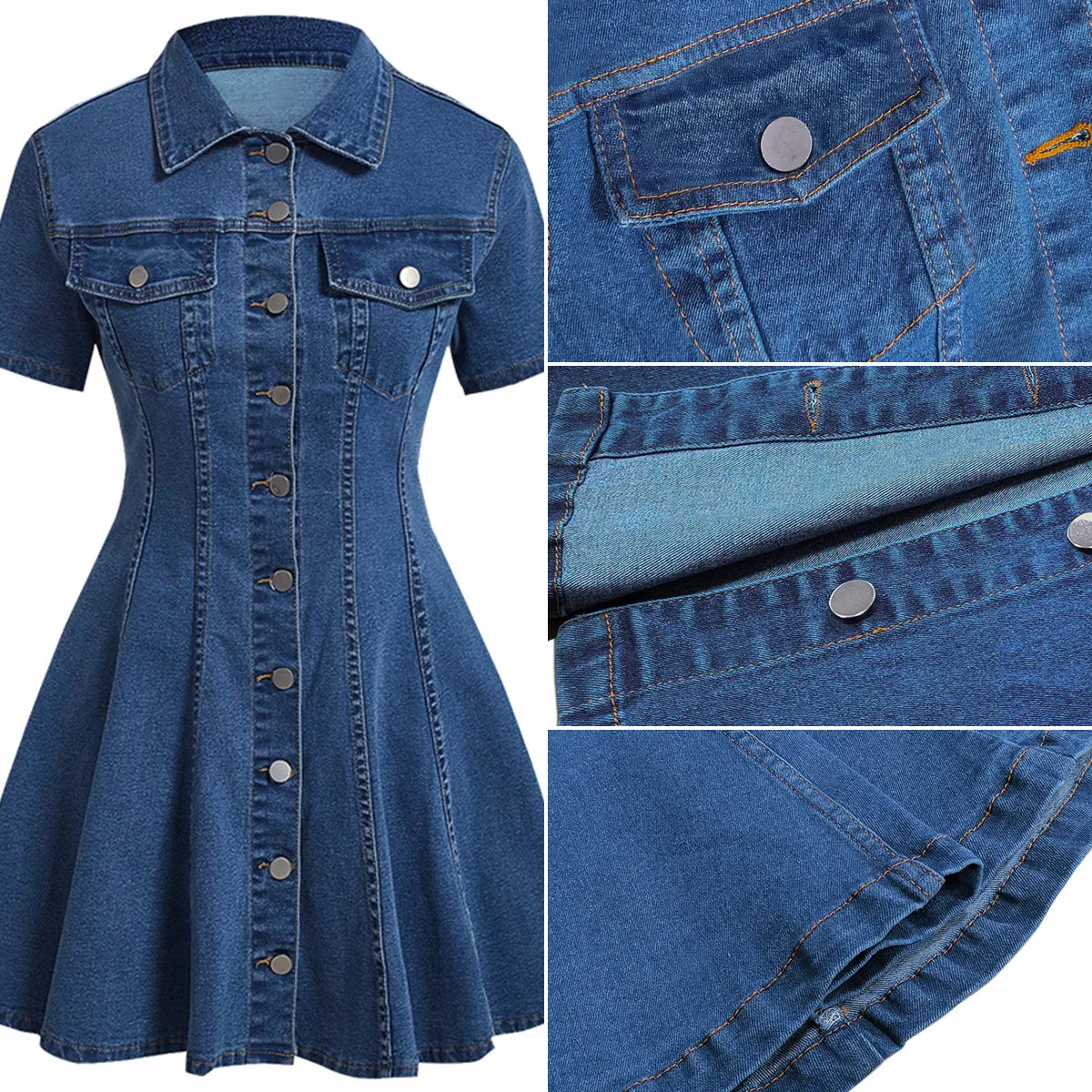 Robe en jean courte femme col rabattu manches courtes boutonnage élégante