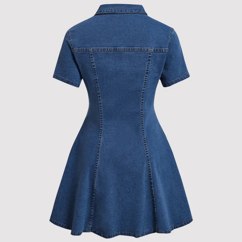 Robe en jean courte femme col rabattu manches courtes boutonnage élégante