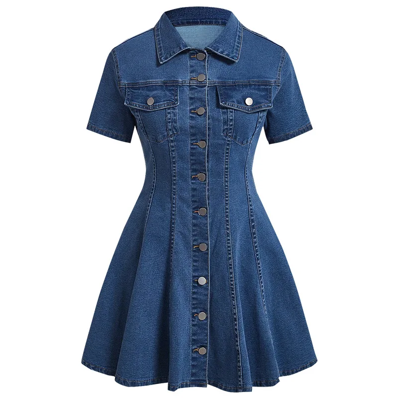 Robe en jean courte femme col rabattu manches courtes boutonnage élégante