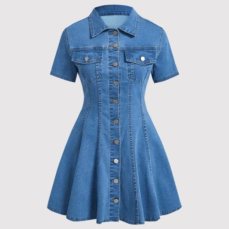 Robe en jean courte femme col rabattu manches courtes boutonnage élégante