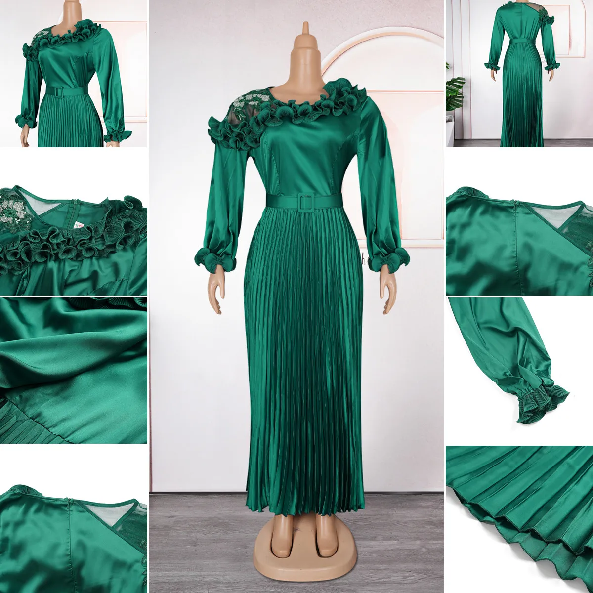 Robe Maxi Élégante S10653 | Satin Plissé Ceinture & Fleur | Femme Toutes Saisons