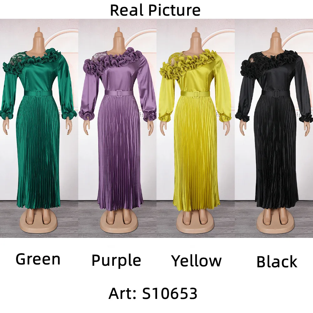 Robe Maxi Élégante S10653 | Satin Plissé Ceinture & Fleur | Femme Toutes Saisons