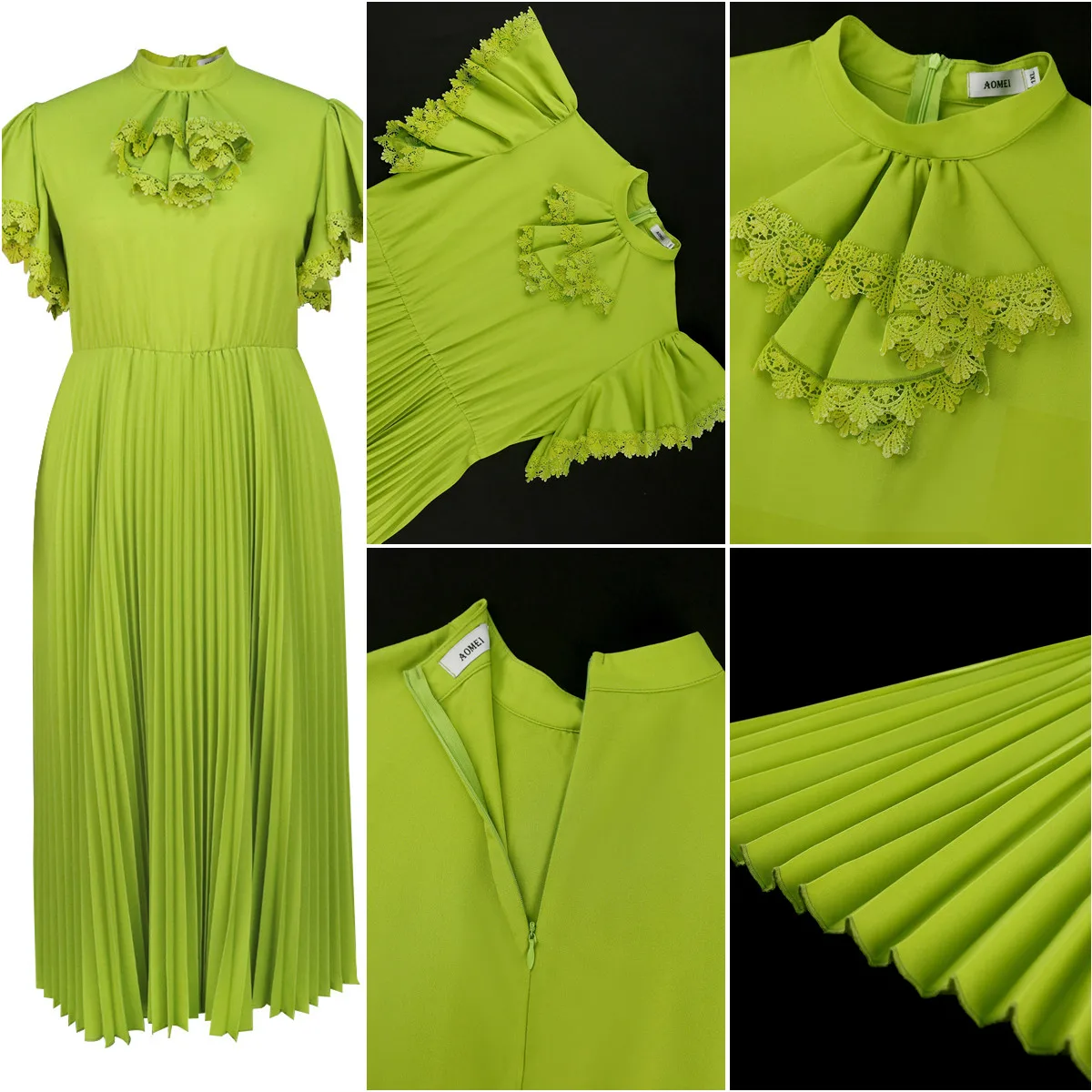 Robe longue élégante à volants et col rond – Coupe trapèze plissée verte