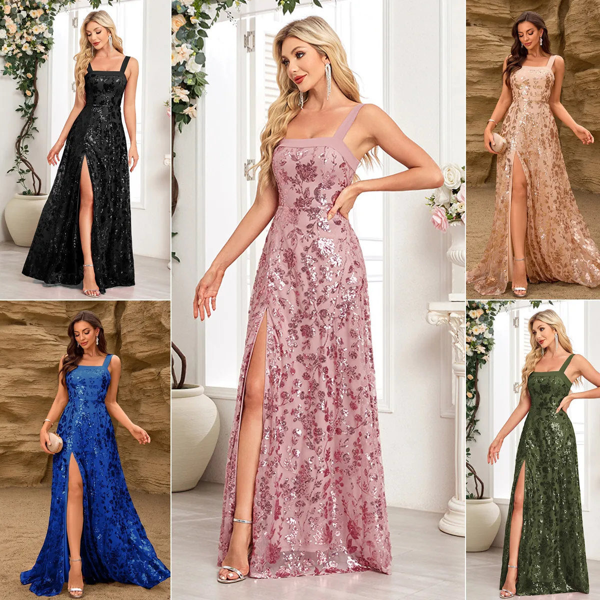Robe de Soirée Longue à Sequins & Broderie | Col Halter | Fente Latérale | Élégante Maxi