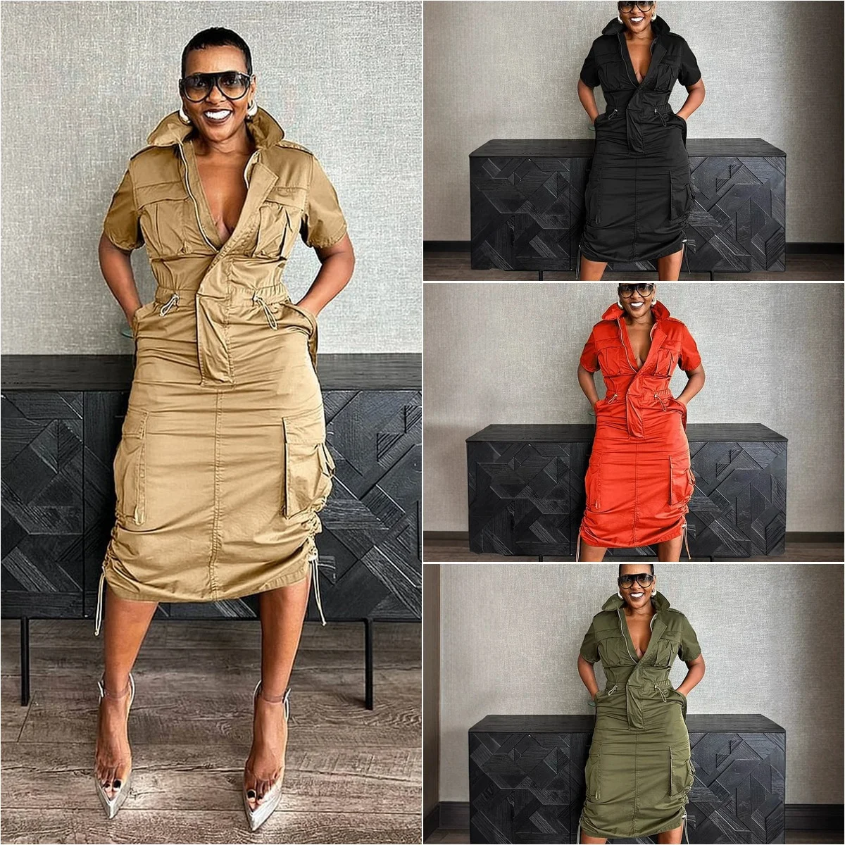 Robe Cargo Streetwear Femme K3320 – Midi, Poches & Cordon, Coupe A-Line