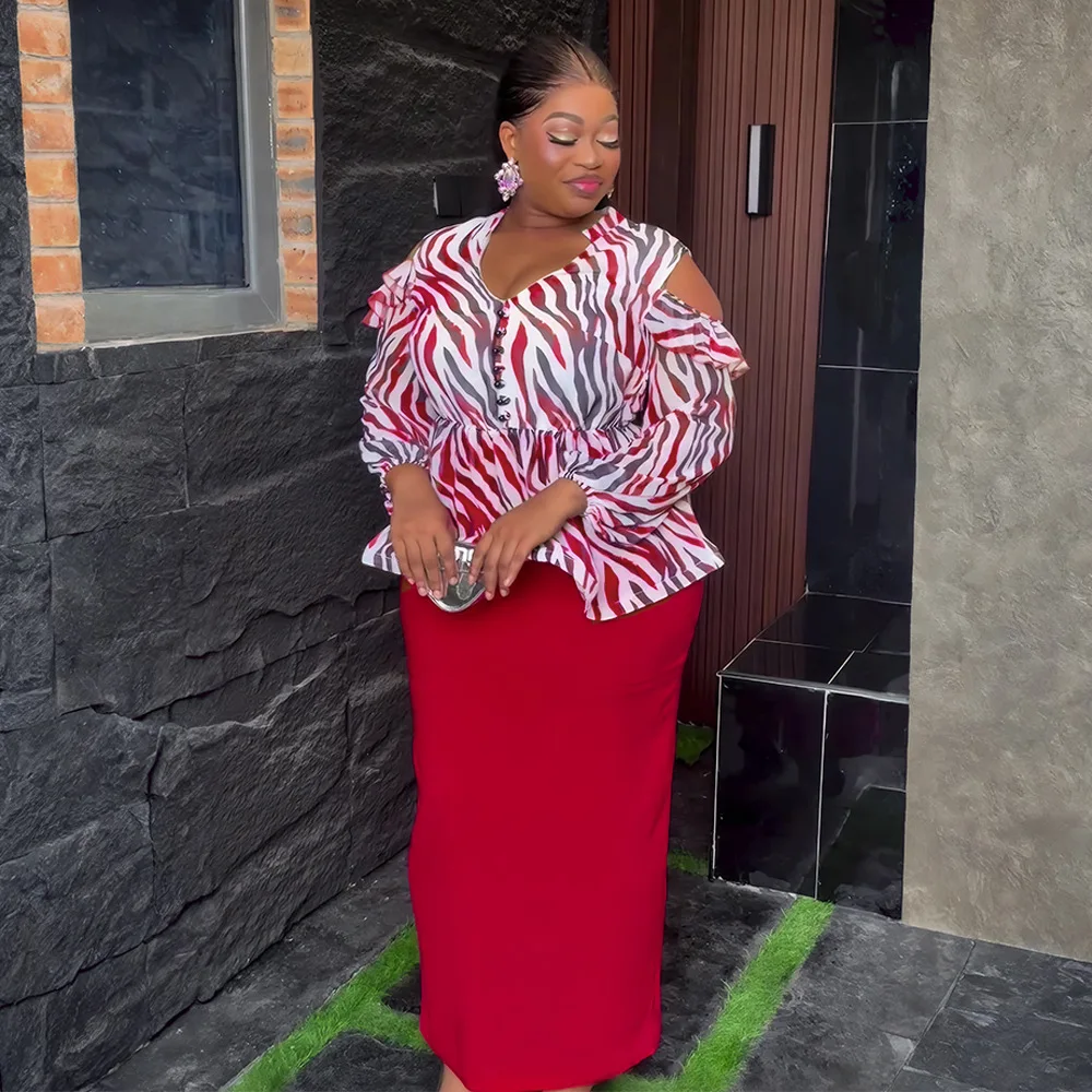 Robe Africaine 2 Pièces Femme | Col V, Manches Longues, Imprimé Wax, Élégante & Chic