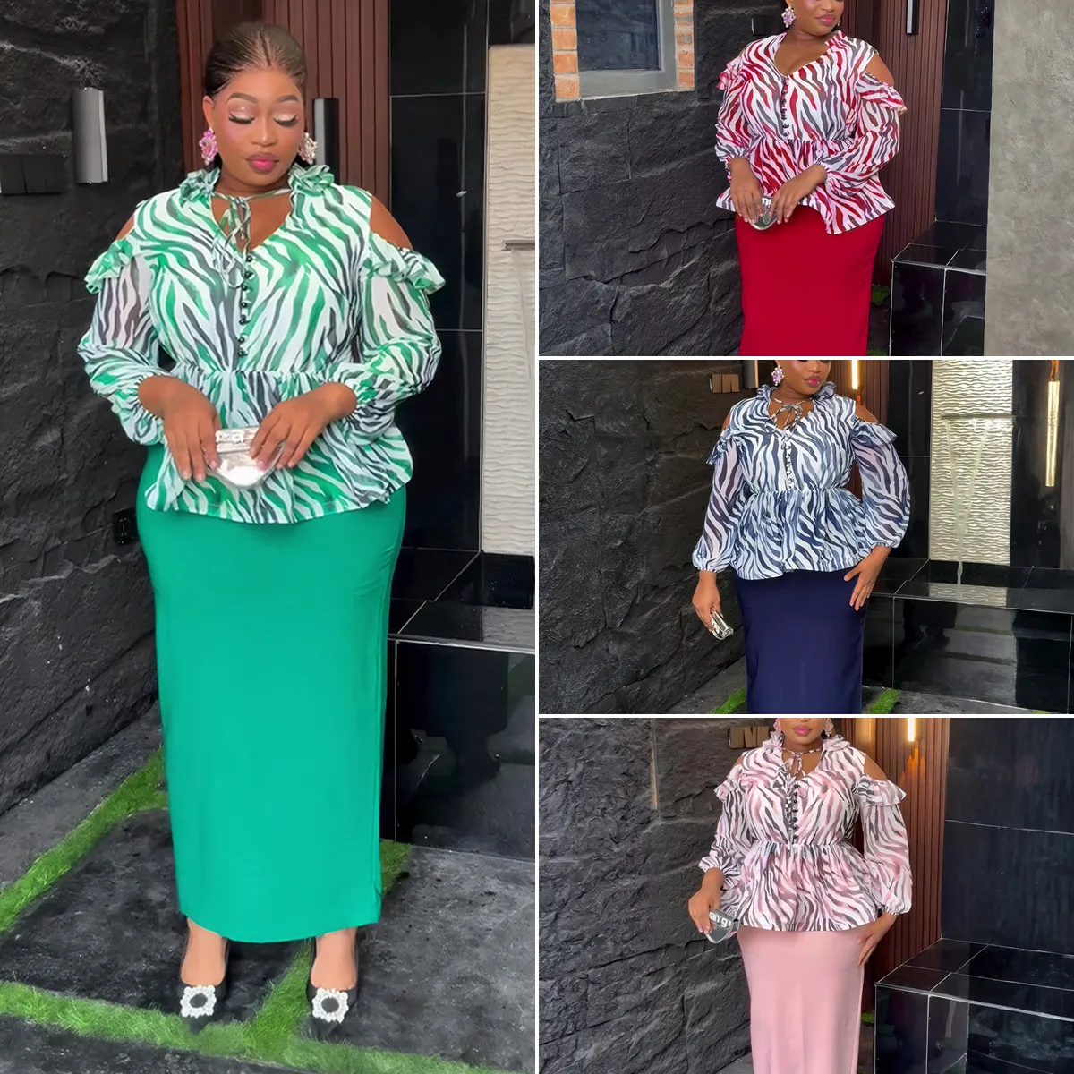 Robe Africaine 2 Pièces Femme | Col V, Manches Longues, Imprimé Wax, Élégante & Chic