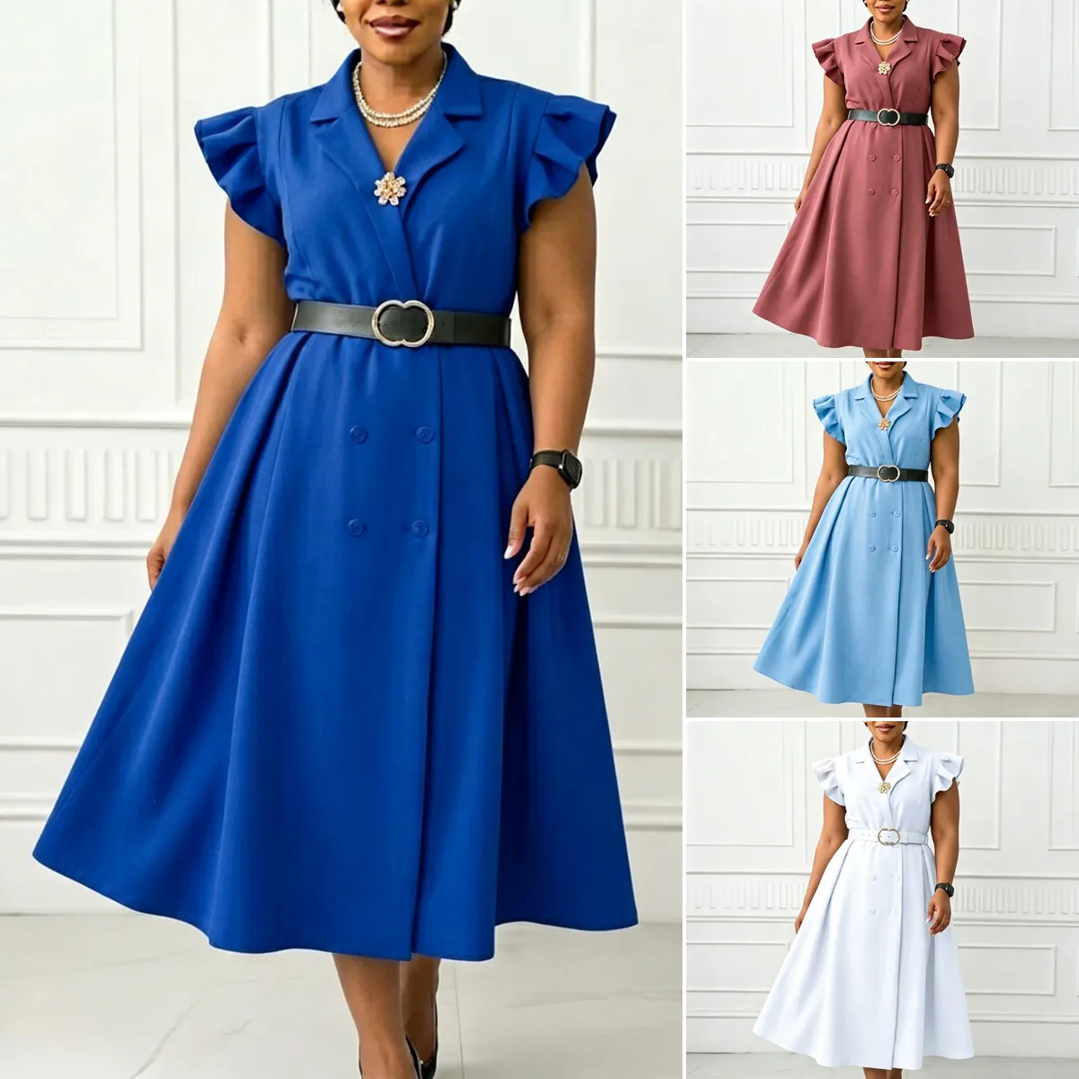 Robe Maxi Élégante Femme C8664 | Col V, Manches à Volants, Ceinture Incluse – Style Africain Bureau