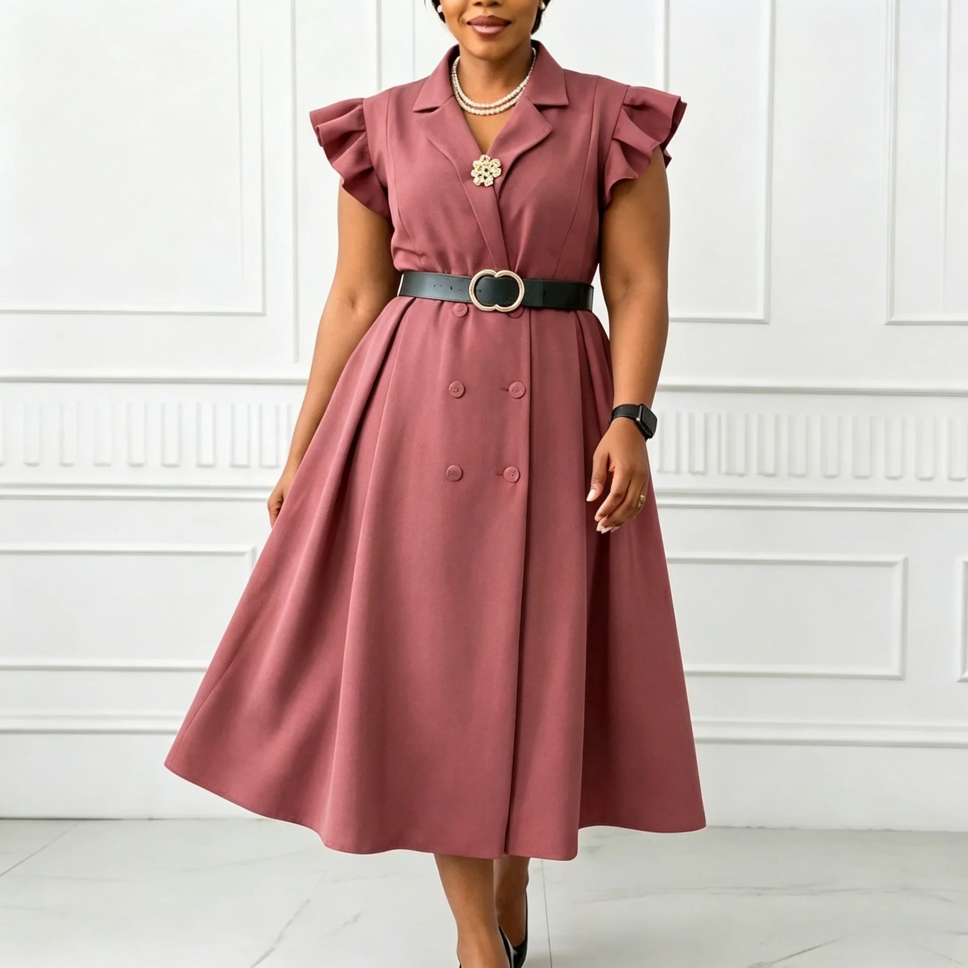Robe Maxi Élégante Femme C8664 | Col V, Manches à Volants, Ceinture Incluse – Style Africain Bureau